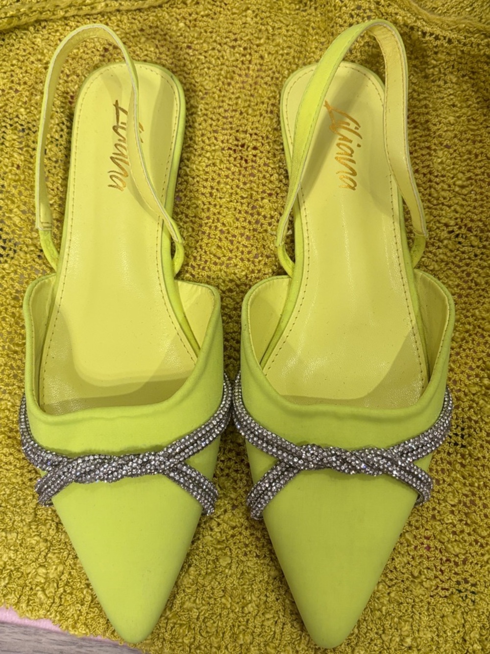 Liliana Lime Green Pointed Slingback Flats with Rhinestone Crisscross